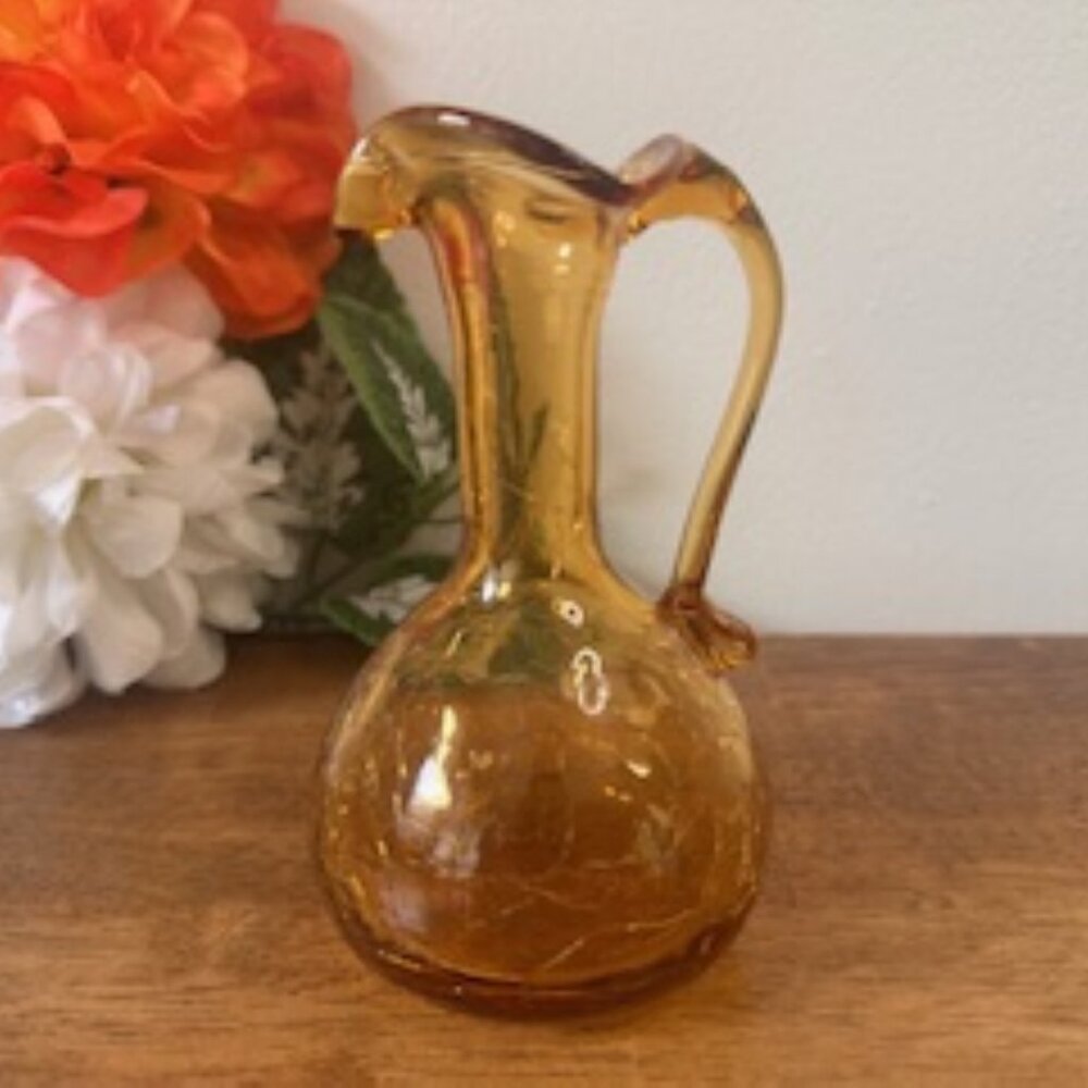 Amber Crackle Glass Mini Pitcher –‎ Vintage Hand-Blown Midcentury Ewer Vase